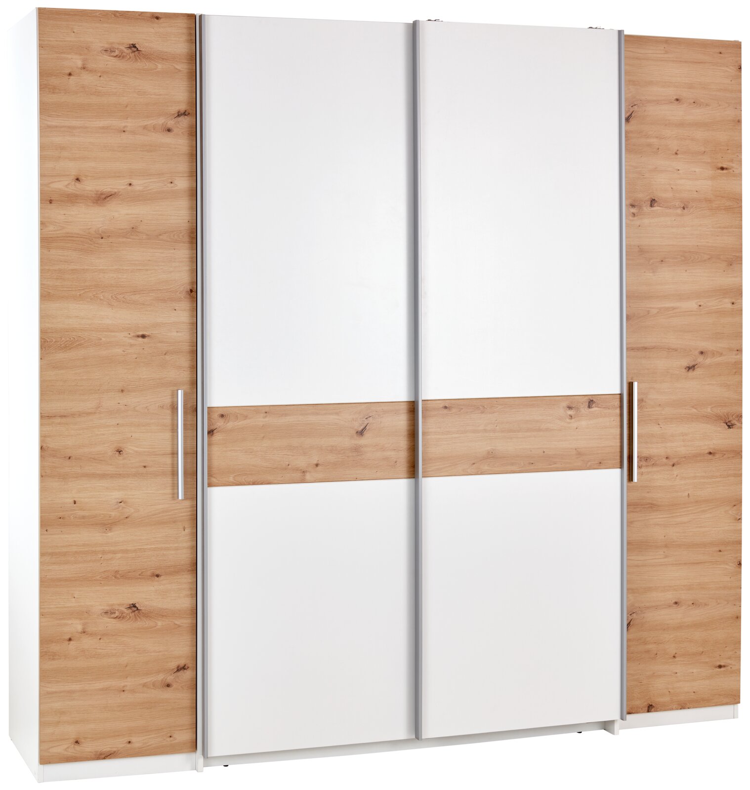 Z2 Dreh-/Schwebetürenschrank 4trg FABIO Moderner Dreh-Schwebetürenschrank mit vier Türen in Holzoptik und weißen Elementen, Frontalansicht.