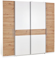 Moderner Dreh-Schwebetürenschrank mit vier Türen in Holzoptik und weißen Elementen, Frontalansicht.
