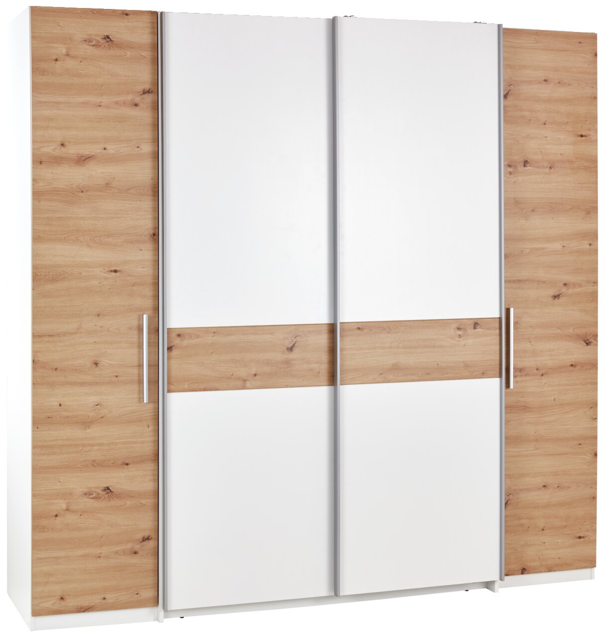 Z2 Kast met draai- en schuifdeuren, 4-deurs FABIO Moderne draai-schuifkast met vier deuren in houtlook en witte elementen, vooraanzicht.