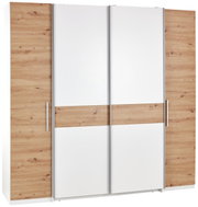 Moderne draai-schuifkast met vier deuren in houtlook en witte elementen, vooraanzicht.