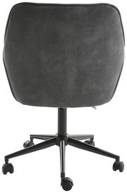 Rückansicht eines grauen Drehstuhls mit schwarzem Gestell und Rollen.