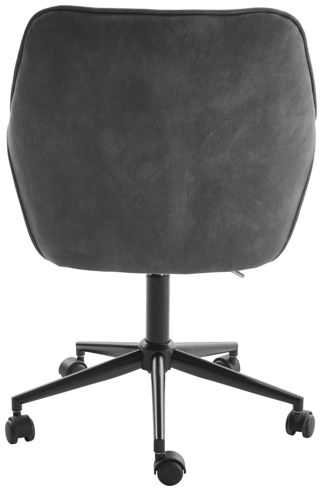 Rückansicht eines grauen Drehstuhls mit schwarzem Gestell und Rollen.