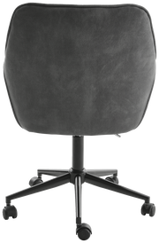 Rückansicht eines grauen Drehstuhls mit schwarzem Gestell und Rollen.