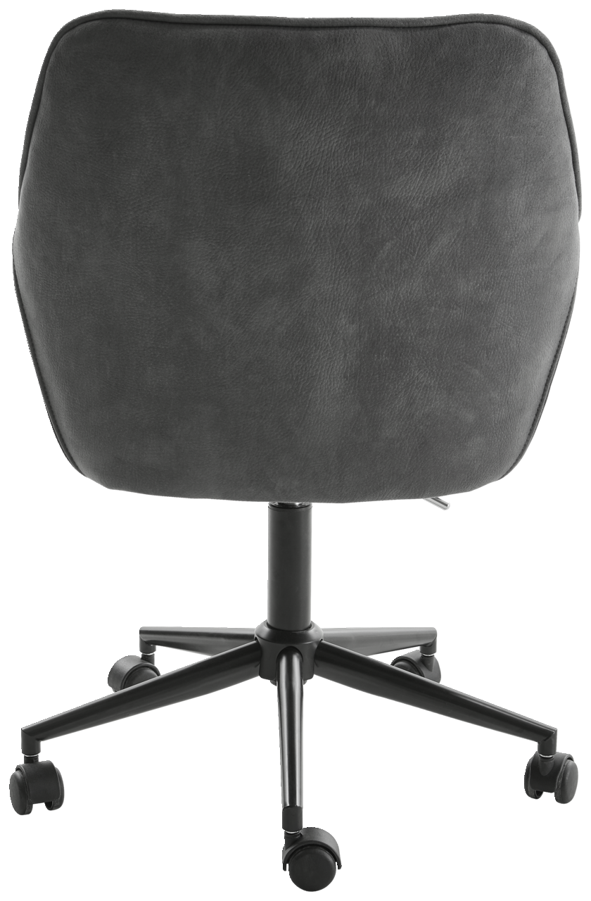 Rückansicht eines grauen Drehstuhls mit schwarzem Gestell und Rollen.