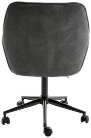 Rückansicht eines grauen Drehstuhls mit schwarzem Gestell und Rollen.