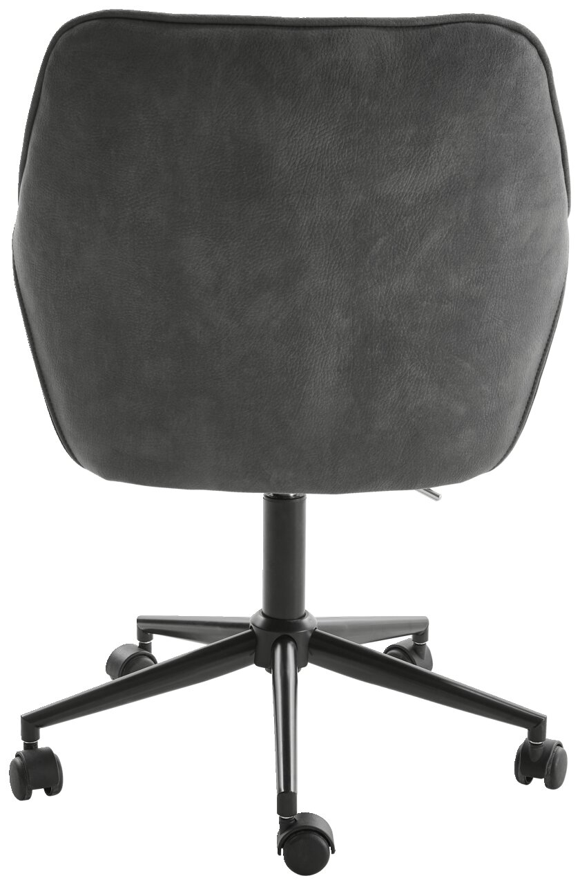 Rückansicht eines grauen Drehstuhls mit schwarzem Gestell und Rollen.