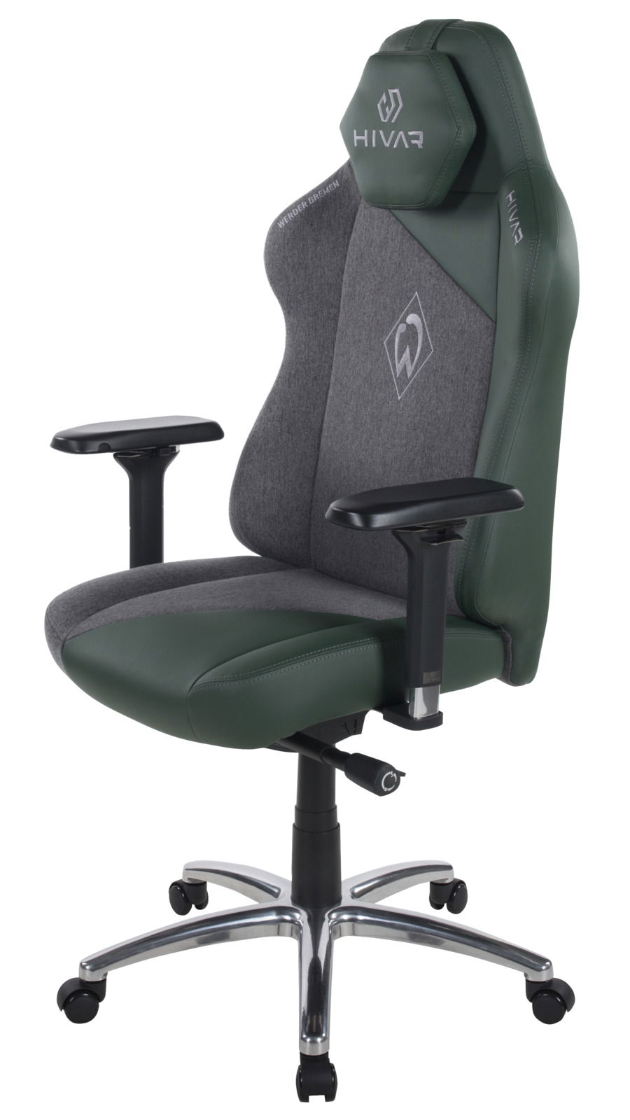Gaming Stuhl in seitlicher Perspektive mit grün-grauer Polsterung und verstellbaren Armlehnen.
