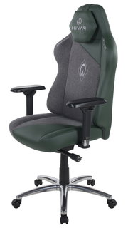 Gaming Stuhl in seitlicher Perspektive mit grün-grauer Polsterung und verstellbaren Armlehnen.