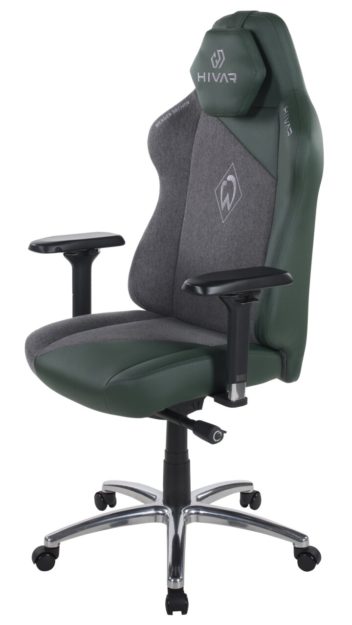 Gaming Stuhl in seitlicher Perspektive mit grün-grauer Polsterung und verstellbaren Armlehnen.