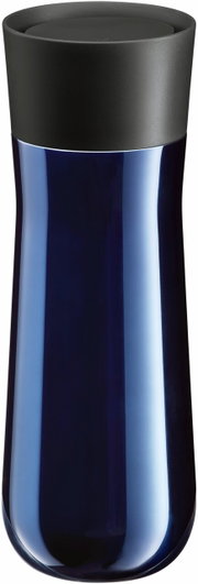 Impulse Isolierbecher 0,35l in glänzendem Dunkelblau mit schwarzem Deckel, Frontalansicht