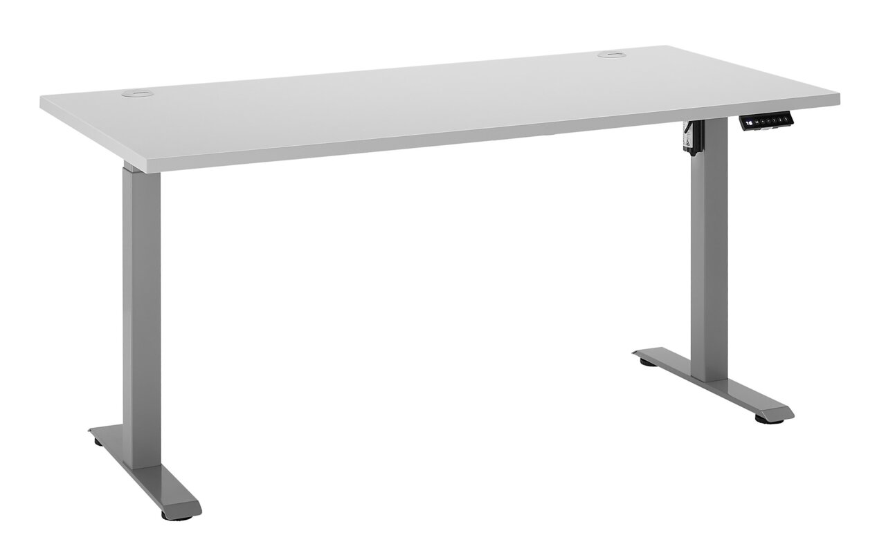Moderner höhenverstellbarer Schreibtisch in seitlicher Perspektive mit grauem Gestell und weißer Tischplatte.