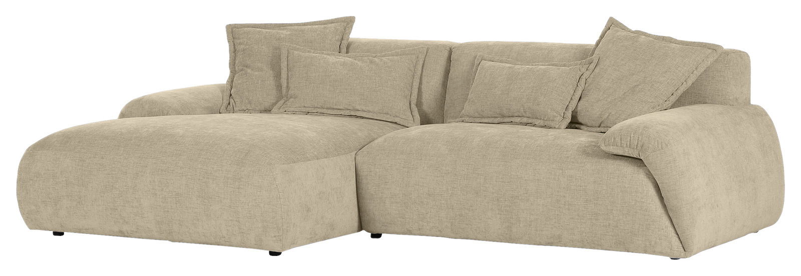 Beige Ecksofa mit mehreren Kissen, seitliche Perspektive