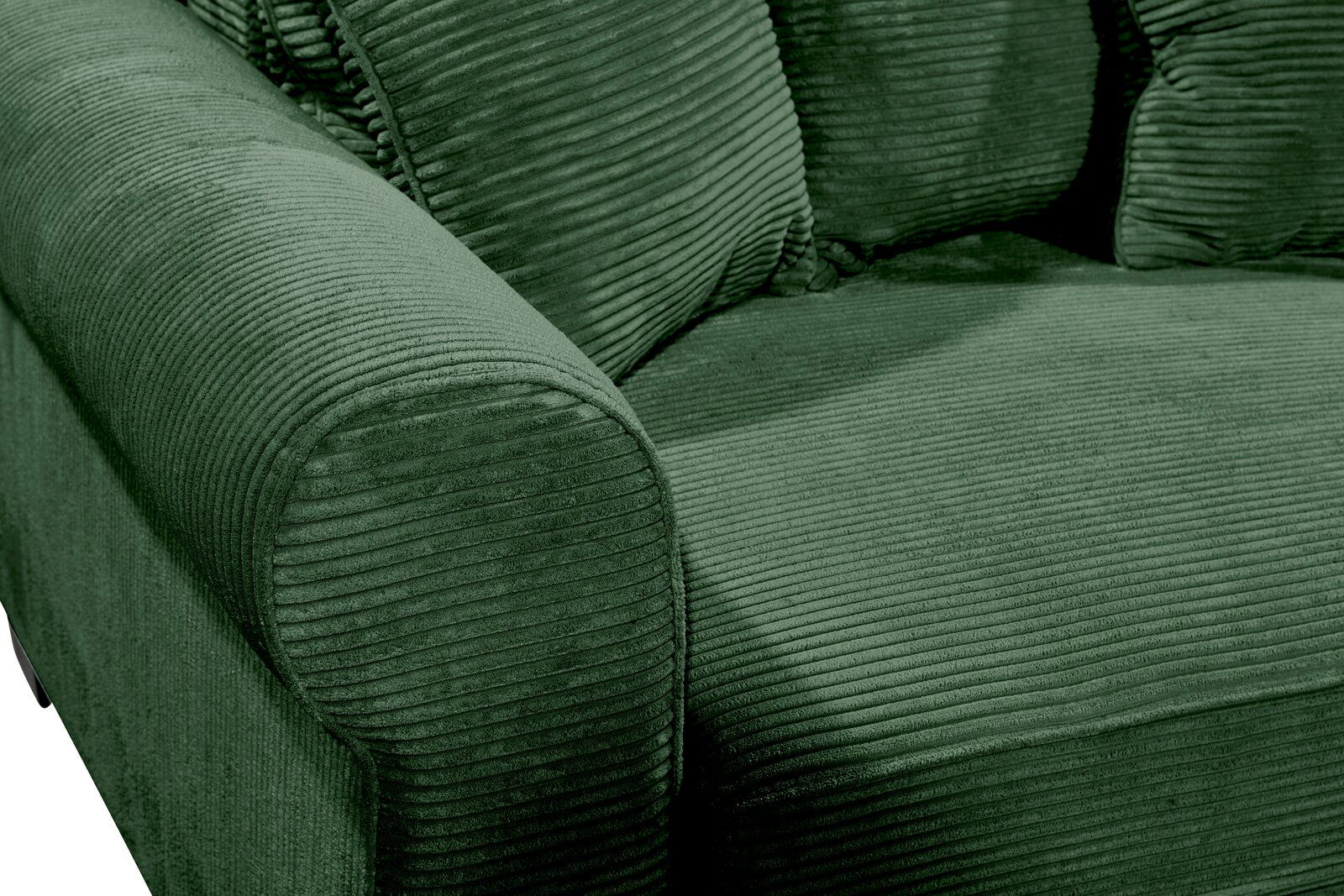 Grünes Sofa mit geripptem Stoffbezug, Nahaufnahme der Armlehne und Sitzfläche, Perspektive von der Seite