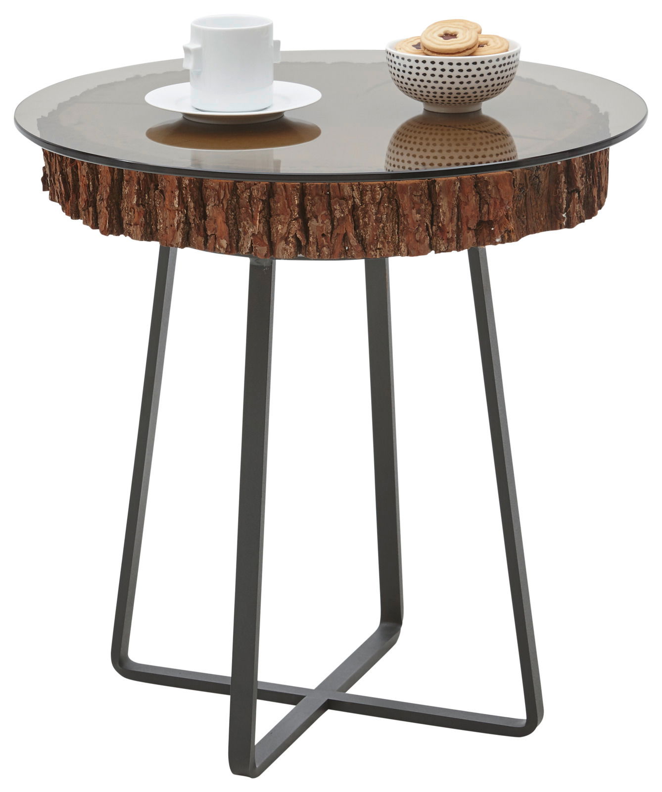 Beistelltisch mit Glasplatte und rustikalem Holzrand, seitliche Perspektive