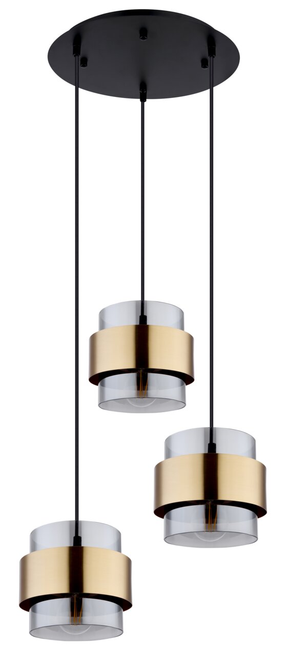 Moderne Hängeleuchte mit drei zylindrischen Lampenschirmen aus Glas und Metall in Goldoptik, von unten betrachtet.