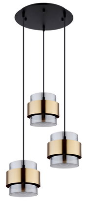 Moderne Hängeleuchte mit drei zylindrischen Lampenschirmen aus Glas und Metall in Goldoptik, von unten betrachtet.