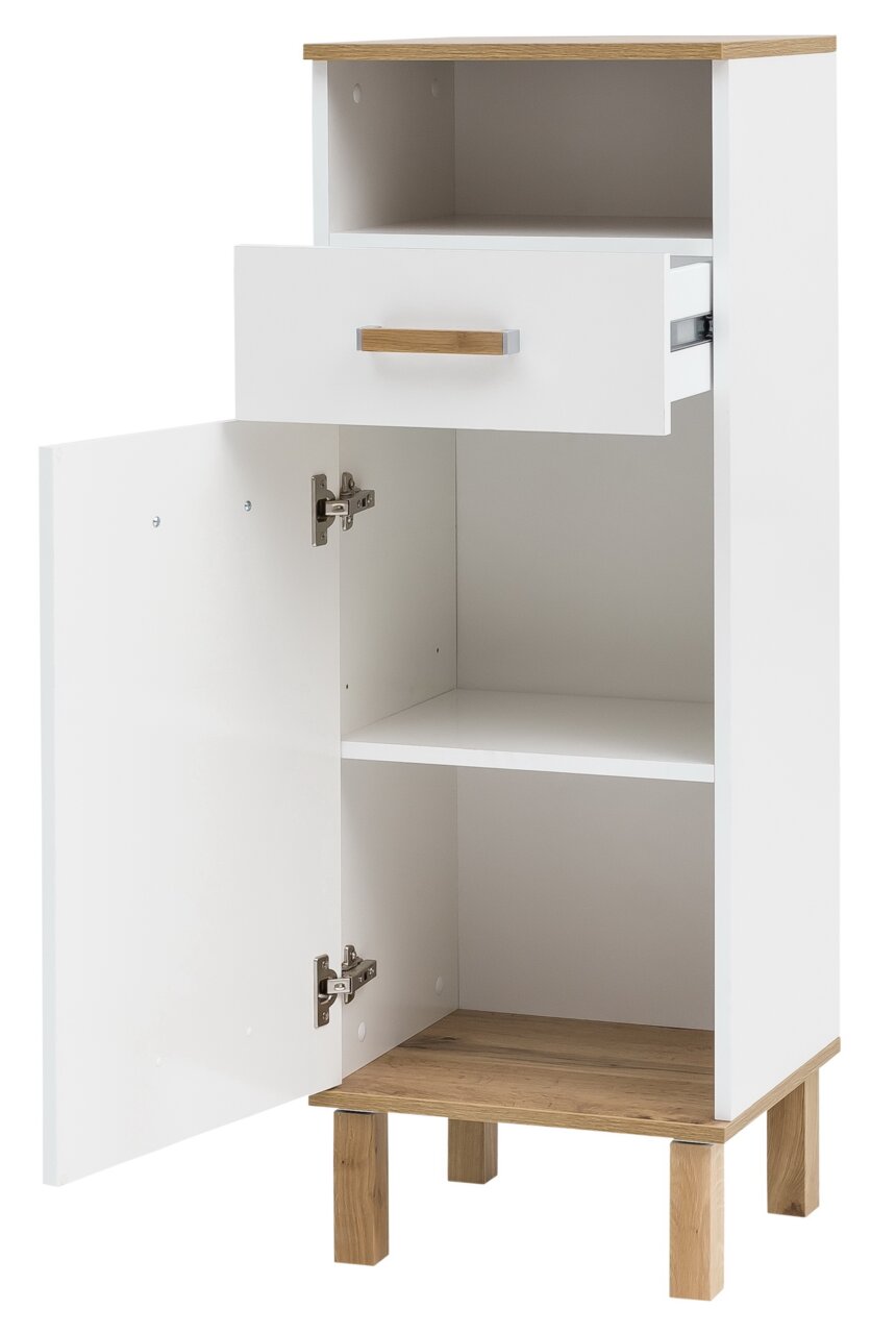 Weißes Highboard mit Holzdetails, geöffnete Tür und Schublade, Frontalansicht