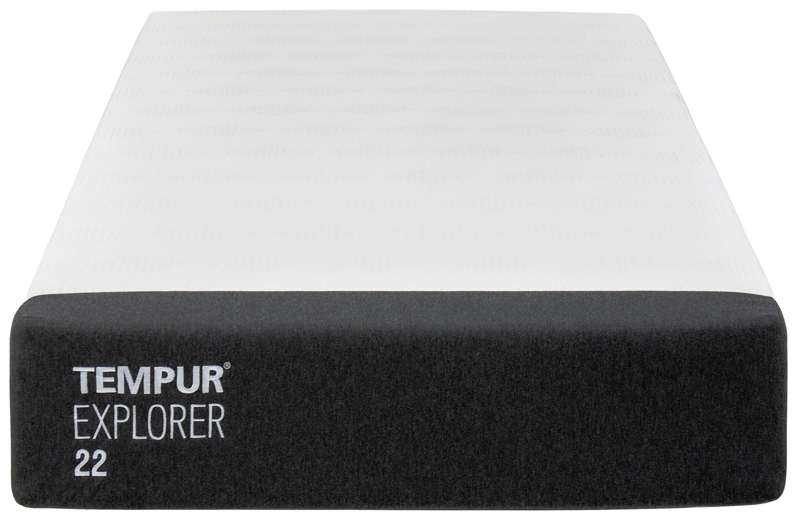 Frontale Ansicht der Tempur Viscomatratze Explorer mit schwarzem Rand und weißer Oberfläche.