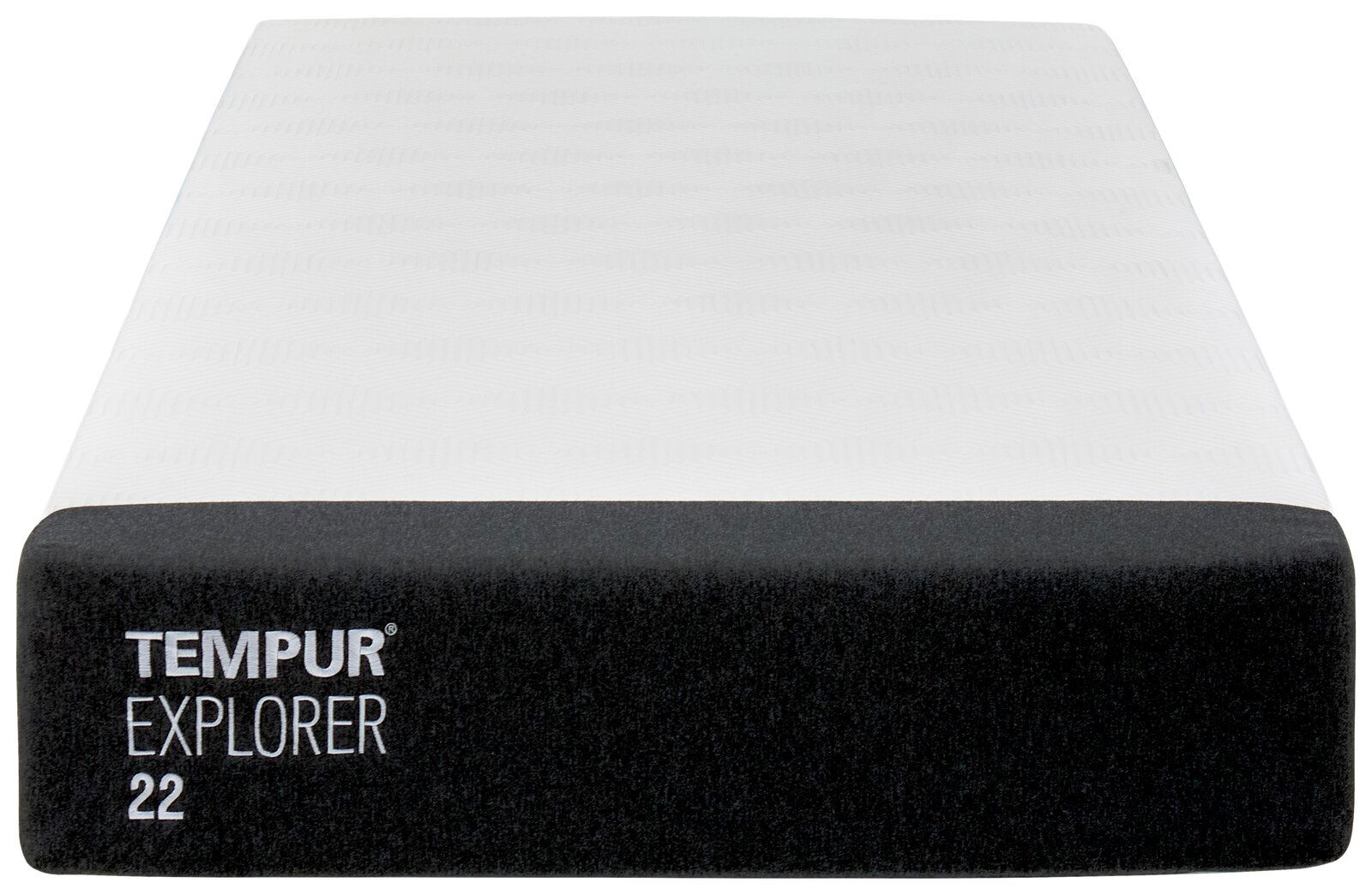 Frontale Ansicht der Tempur Viscomatratze Explorer mit schwarzem Rand und weißer Oberfläche.