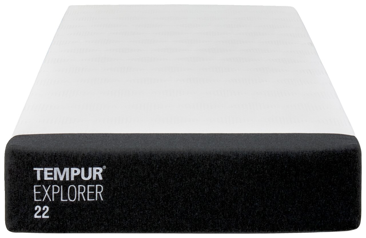 Frontale Ansicht der Tempur Viscomatratze Explorer mit schwarzem Rand und weißer Oberfläche.