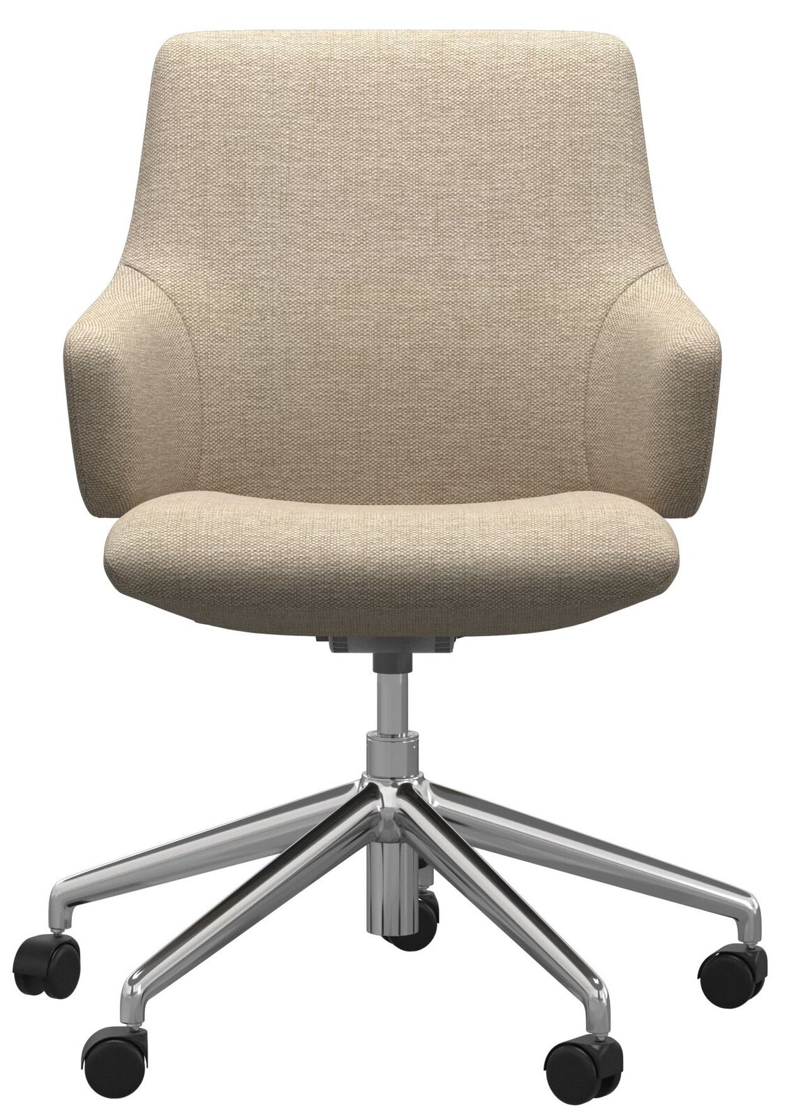 Beiger Home Office Sessel mit Armlehnen und verchromtem Drehfuß, Vorderansicht