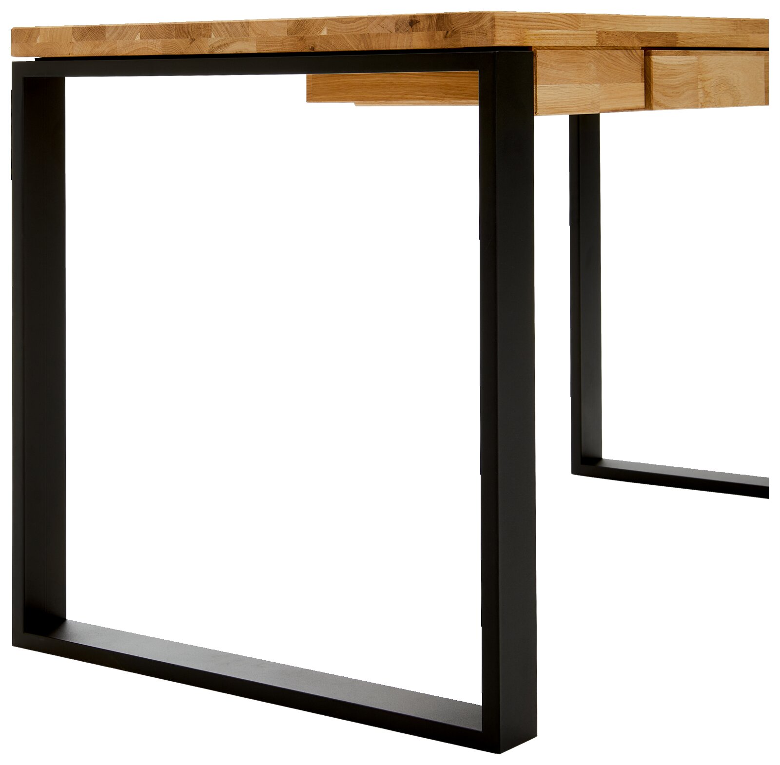 Moderner Schreibtisch mit Holzplatte und schwarzem Metallgestell, seitliche Perspektive