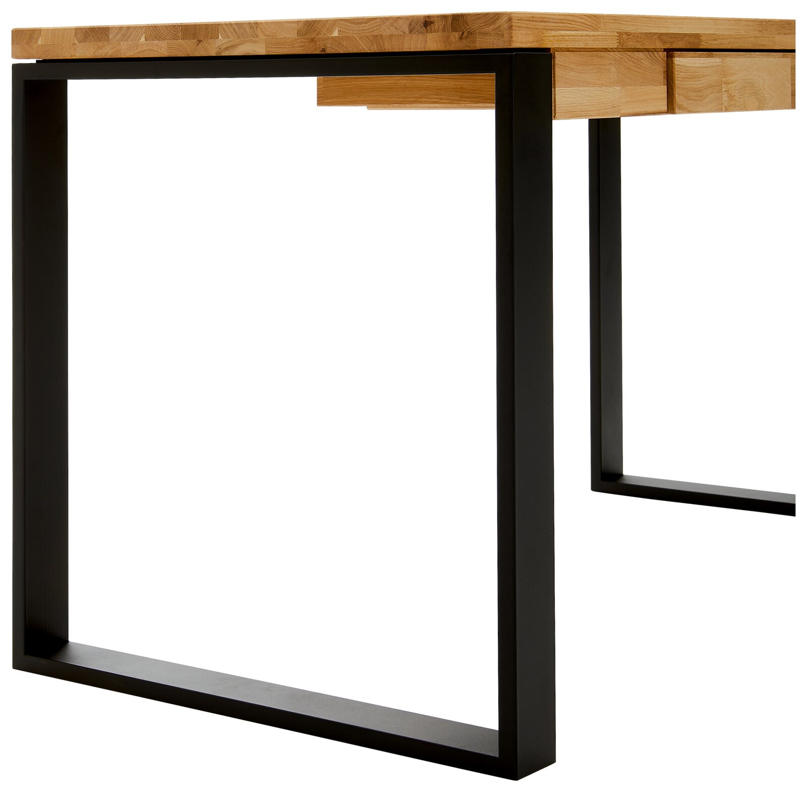 Moderner Schreibtisch mit Holzplatte und schwarzem Metallgestell, seitliche Perspektive