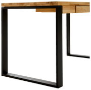 Moderner Schreibtisch mit Holzplatte und schwarzem Metallgestell, seitliche Perspektive