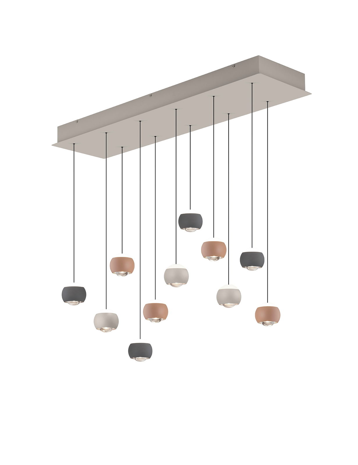 Moderne Pendelleuchte mit mehreren hängenden Lampenschirmen in verschiedenen Farben, seitliche Perspektive