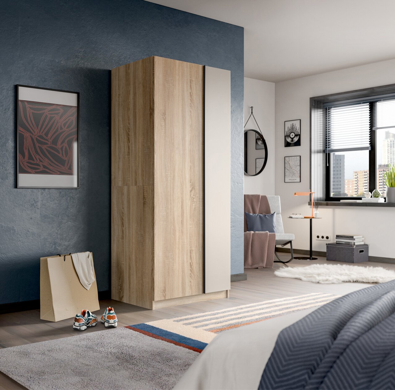 Moderner Kleiderschrank in heller Holzoptik mit weißer Seitenfront im Schlafzimmer, schräg von vorn links fotografiert