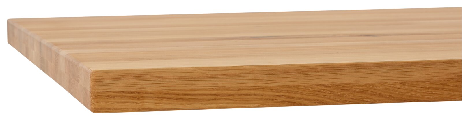 Nahaufnahme der Tischkante eines Esstisches aus Holz, seitliche Perspektive