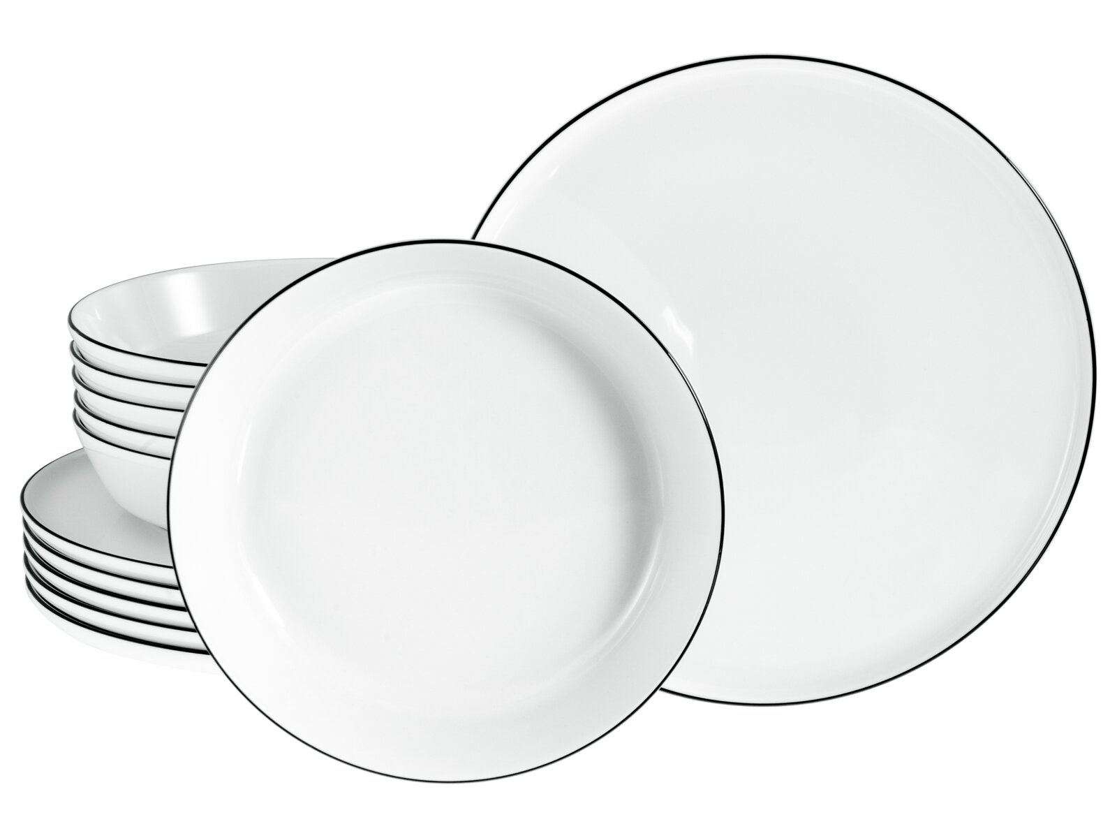 Creatable Tafelservice 12-tlg CHEF COLLECTION Weißes Geschirrset mit schwarzem Rand: gestapelte Schalen und Teller sowie ein großer flacher Teller, freigestellt auf weißem Hintergrund, Ansicht schräg von vorne/leicht von oben.