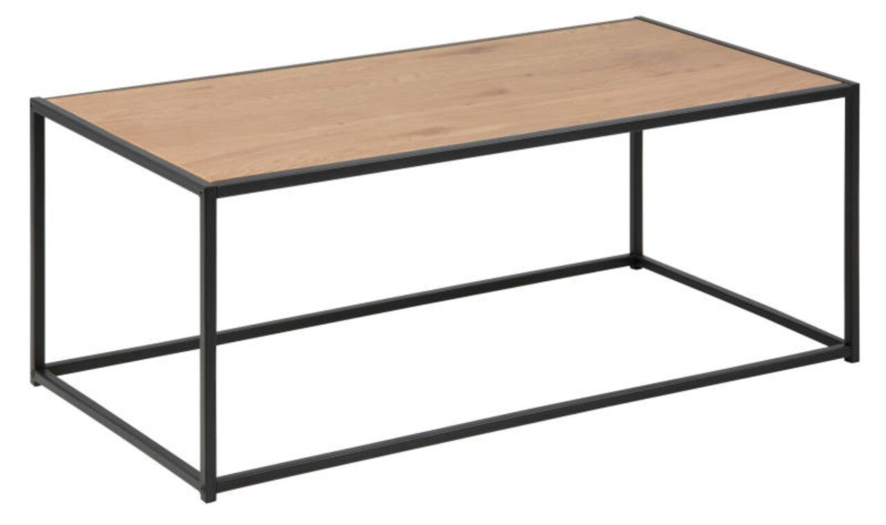 Rechthoekig bijzettafeltje met houten blad en zwart metalen frame, zijaanzicht