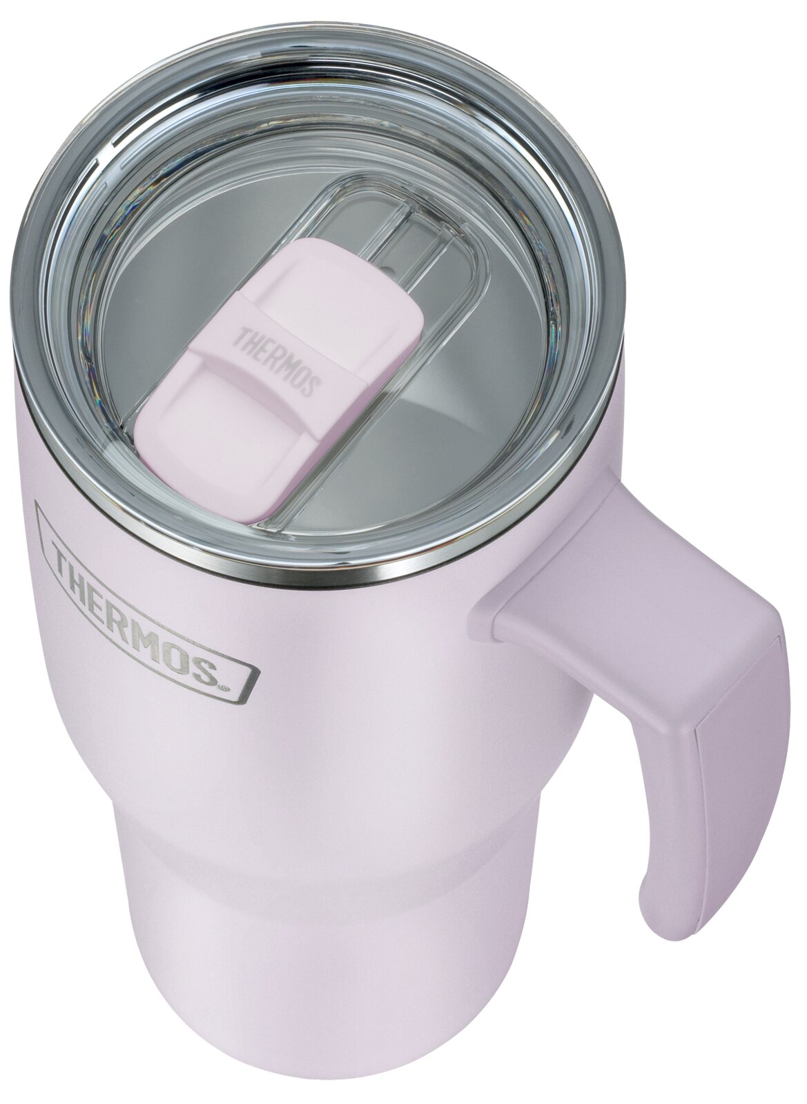 Lichtroze Thermos-isoleerbeker met handvat en transparant schuifdeksel, schuin van bovenaf gezien
