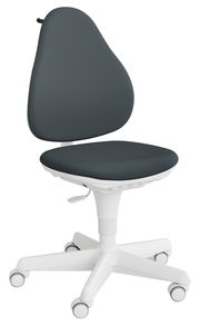 Moderner Jugenddrehstuhl mit grauem Sitz und Rückenlehne, weißem Gestell und Rollen, seitliche Perspektive.