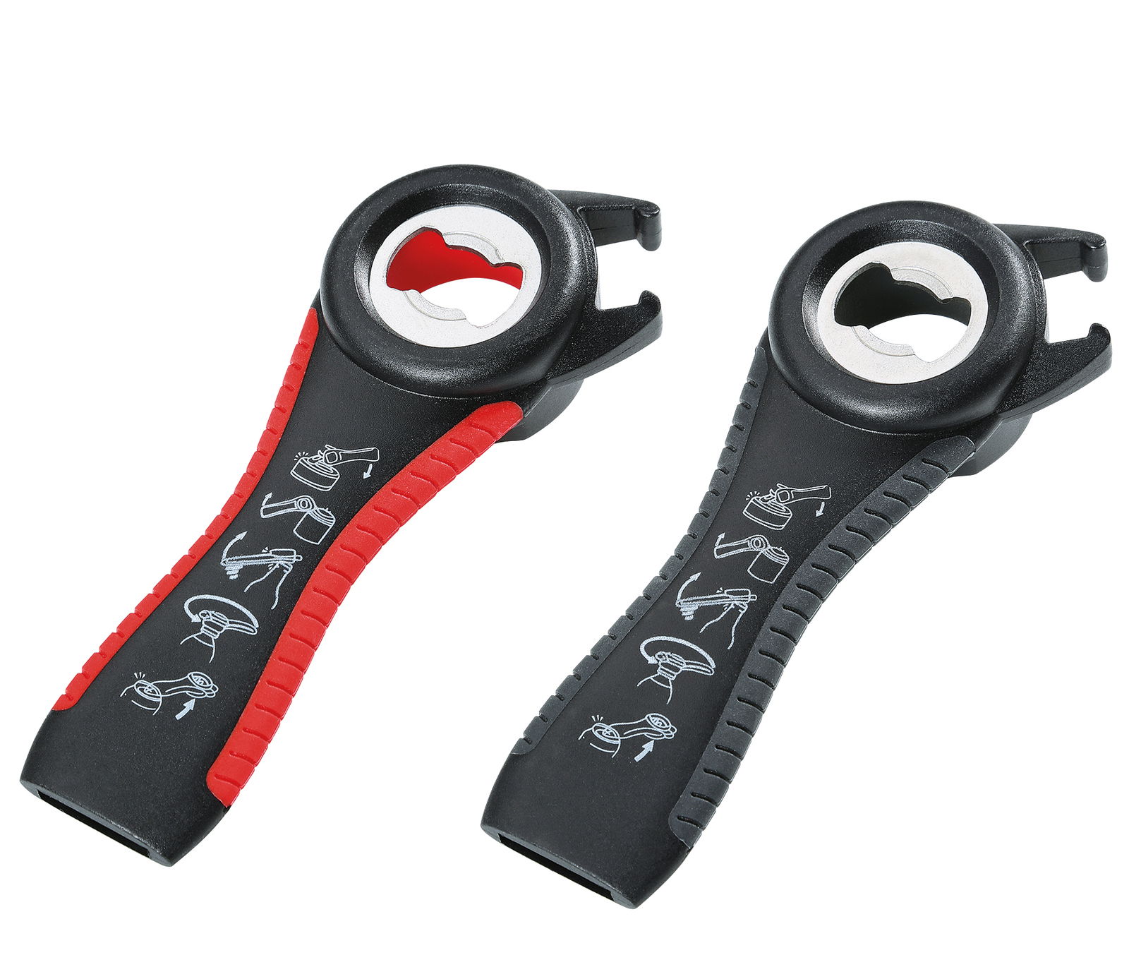 KÜCHENPROFI Universalöffner BUTLER 5 in 1 Zwei Universalöffner BUTLER 5 in 1 in schwarzem Design mit roten und grauen Griffen, abgebildet aus der Vogelperspektive.
