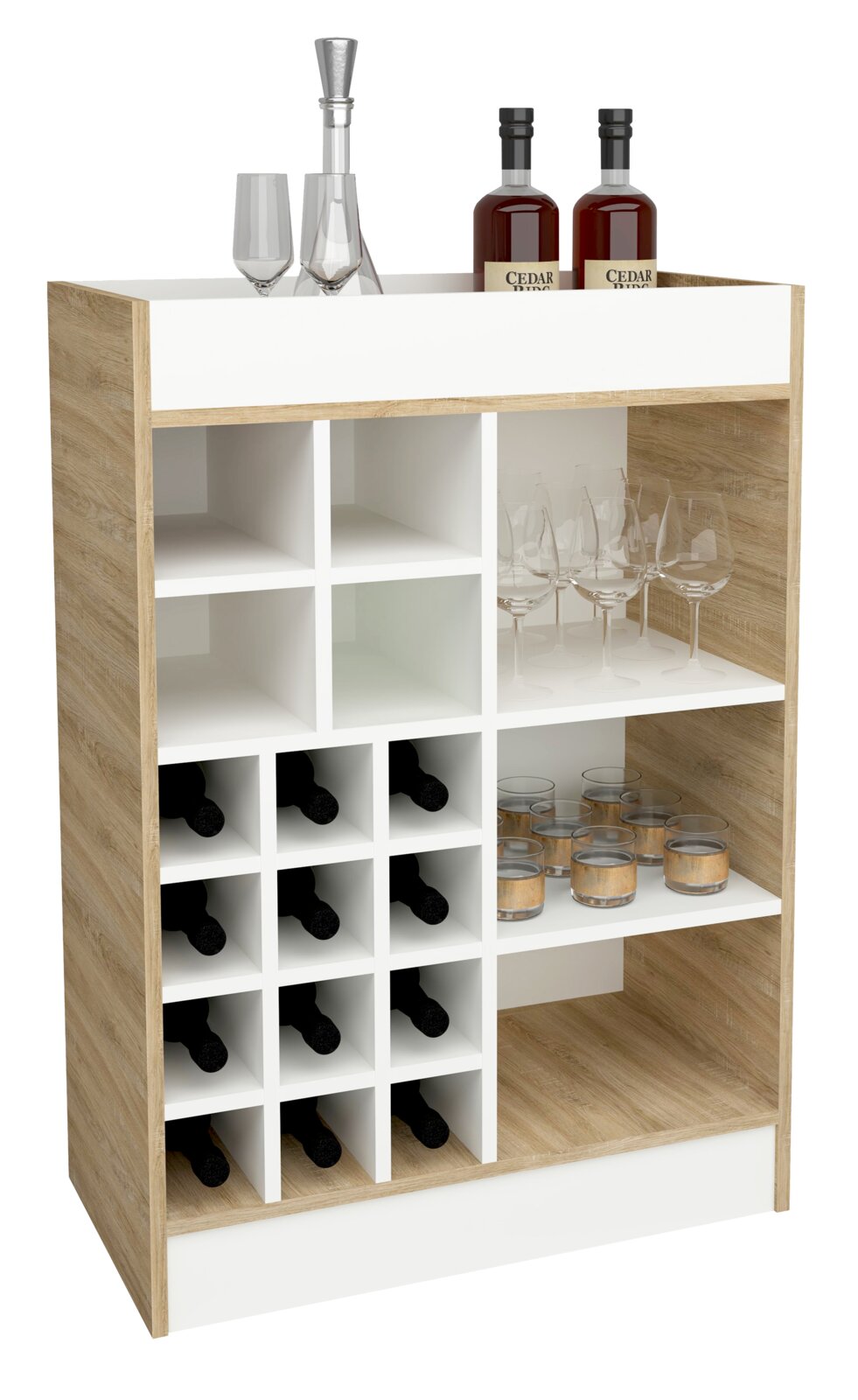 Moderner Barschrank/Weinregal in Weiß und Eiche-Optik mit Flaschenfächern und offenen Ablagen, bestückt mit Gläsern und Spirituosenflaschen, Frontansicht leicht schräg von vorn links.