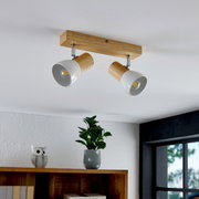 Deckenstrahler mit zwei verstellbaren Holz- und Metallleuchten, Perspektive von unten