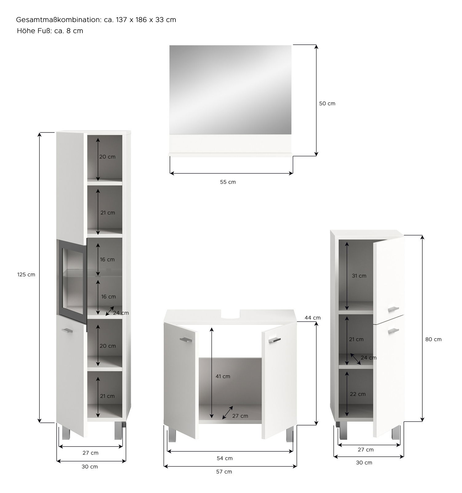 Badkombination bestehend aus einem hohen Schrank, einem Waschbeckenunterschrank und einem Spiegel, frontal abgebildet. Der hohe Schrank hat mehrere Fächer, der Waschbeckenunterschrank bietet Stauraum mit zwei Türen, und der Spiegel ist rechteckig.