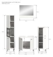Badkombination bestehend aus einem hohen Schrank, einem Waschbeckenunterschrank und einem Spiegel, frontal abgebildet. Der hohe Schrank hat mehrere Fächer, der Waschbeckenunterschrank bietet Stauraum mit zwei Türen, und der Spiegel ist rechteckig.