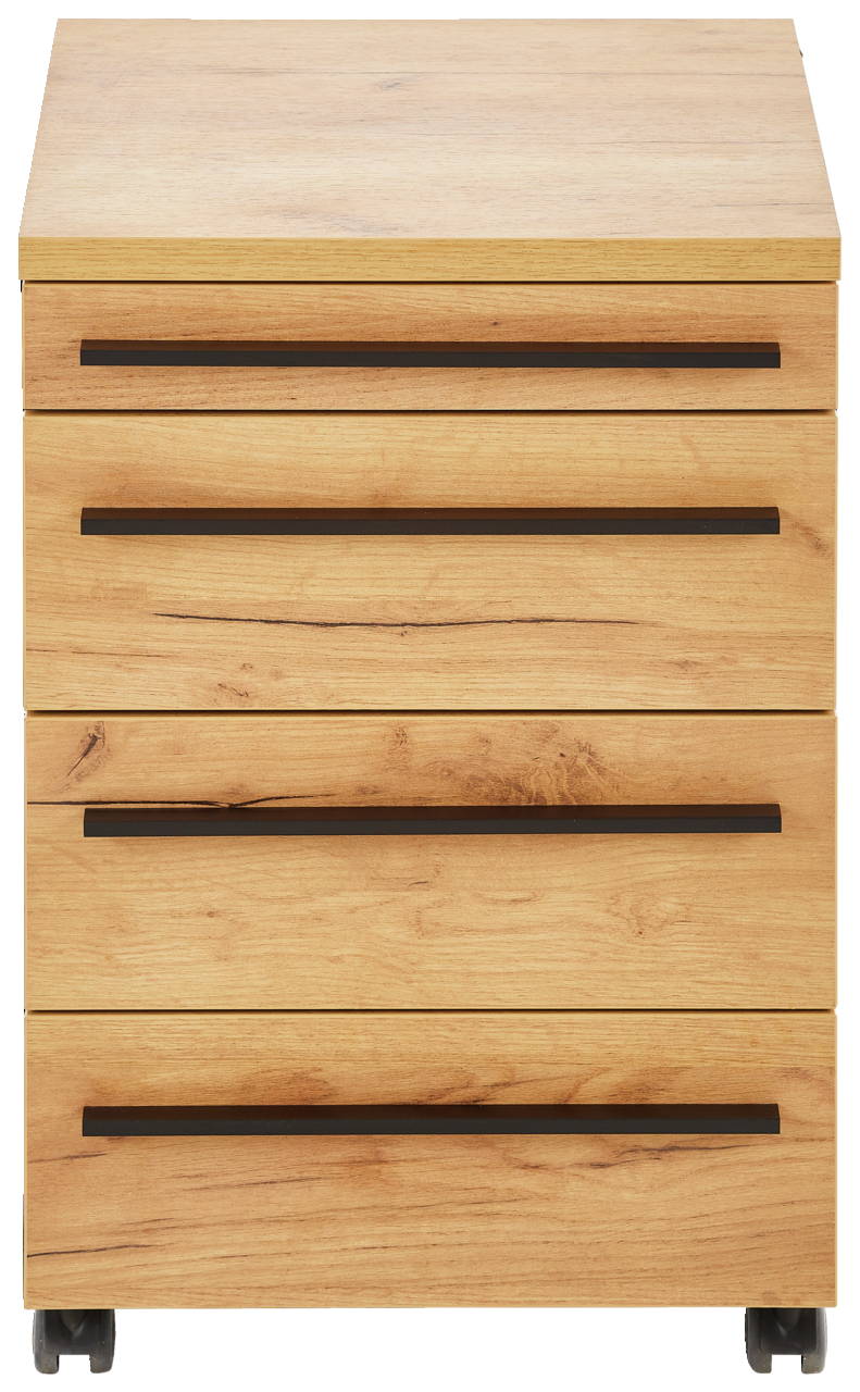 Frontansicht eines Rollcontainers aus Holz mit vier Schubladen und schwarzen Griffen, auf Rollen.