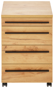 Frontansicht eines Rollcontainers aus Holz mit vier Schubladen und schwarzen Griffen, auf Rollen.