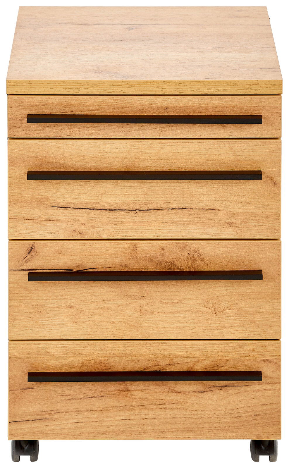 Frontansicht eines Rollcontainers aus Holz mit vier Schubladen und schwarzen Griffen, auf Rollen.