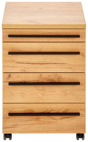 Frontansicht eines Rollcontainers aus Holz mit vier Schubladen und schwarzen Griffen, auf Rollen.