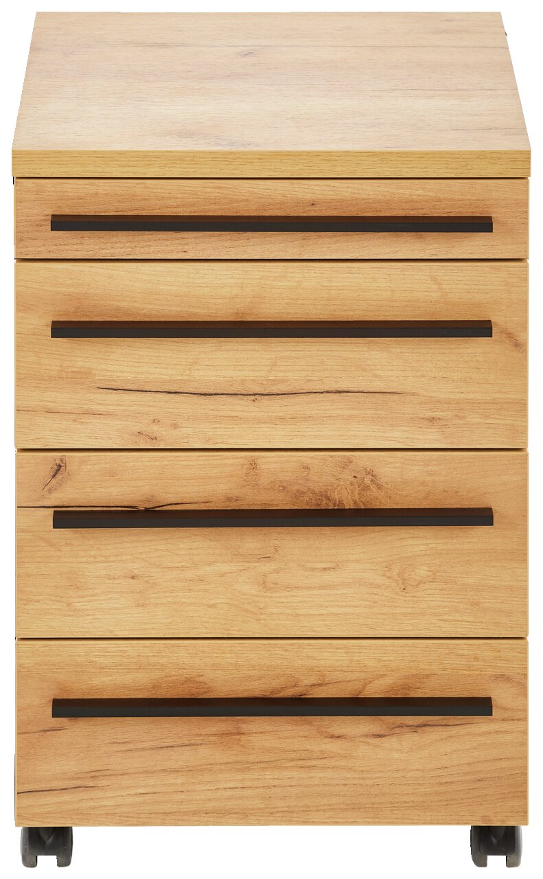 Frontansicht eines Rollcontainers aus Holz mit vier Schubladen und schwarzen Griffen, auf Rollen.