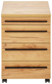 Frontansicht eines Rollcontainers aus Holz mit vier Schubladen und schwarzen Griffen, auf Rollen.