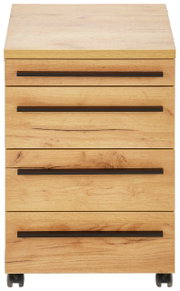 Frontansicht eines Rollcontainers aus Holz mit vier Schubladen und schwarzen Griffen, auf Rollen.