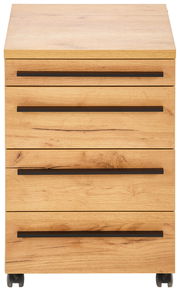 Frontansicht eines Rollcontainers aus Holz mit vier Schubladen und schwarzen Griffen, auf Rollen.