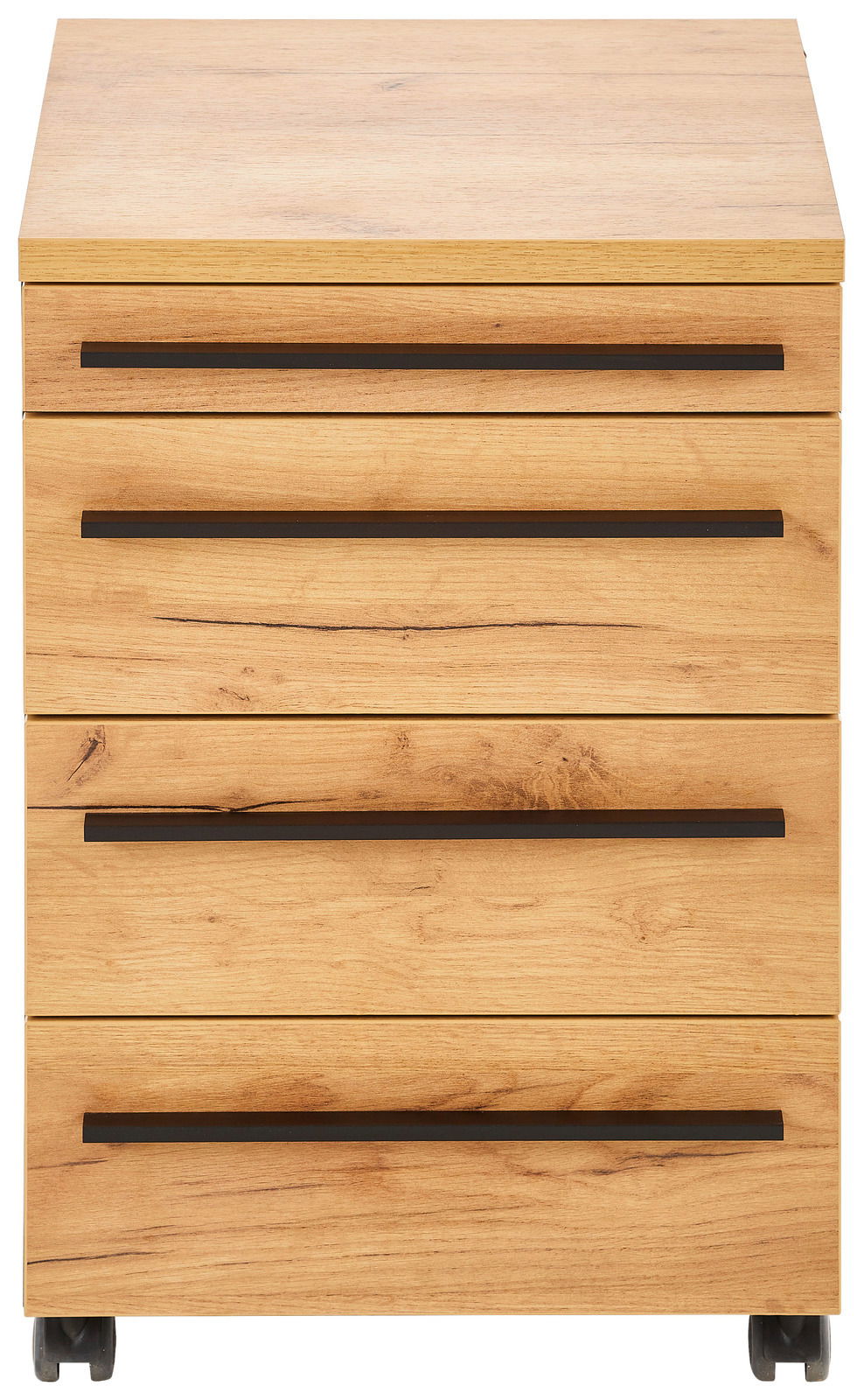 Frontansicht eines Rollcontainers aus Holz mit vier Schubladen und schwarzen Griffen, auf Rollen.