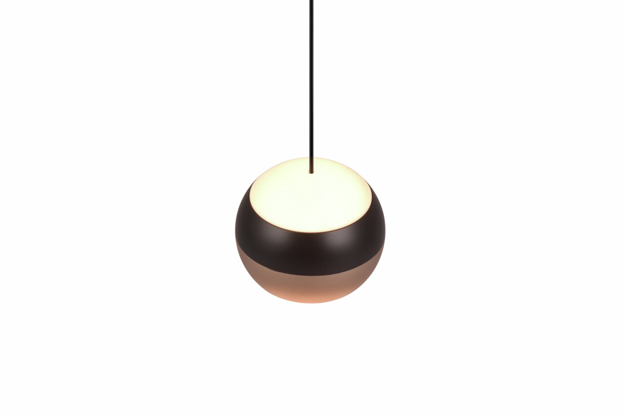 Moderne Pendelleuchte Orbit in Kugelform, Ansicht von unten, mit schwarzem Kabel und leuchtendem, zweifarbigem Schirm.